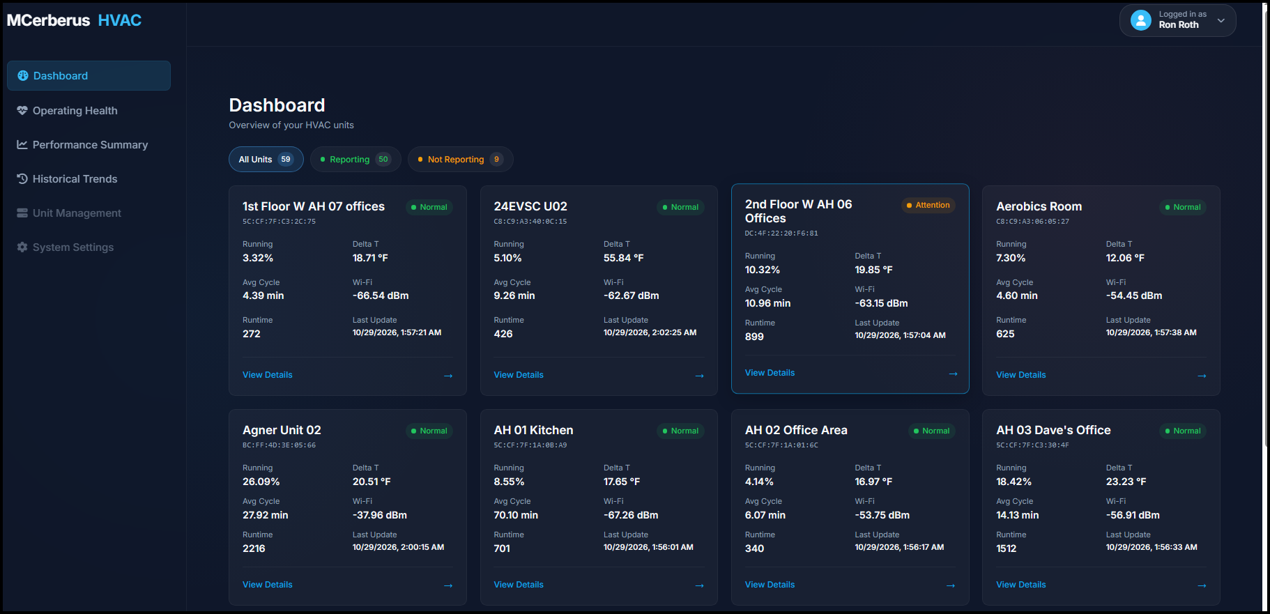 MCerberus HVAC dashboard showing multiple monitored units and their operating information